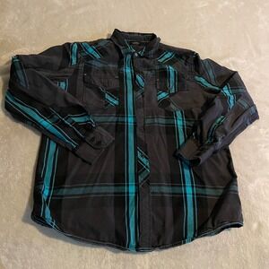 Vintage No Fear Mens Large Plaid Button Down Shirt Black Teal Long Sleeve Y2K